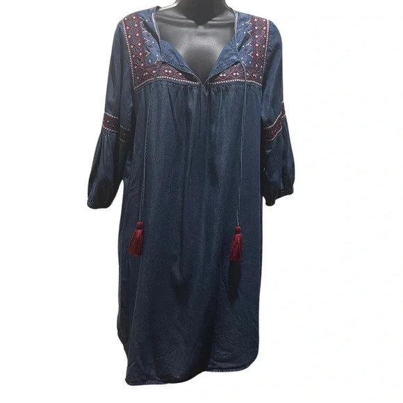 Given Kale Denim A-line Dress Size Medium. Red& white embroidery. Patriotic. - Picture 1 of 7